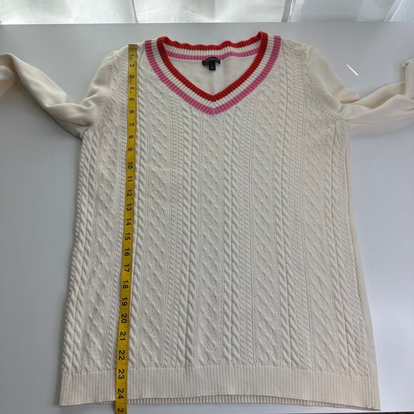 Talbots Ivory Pink Red Cable Knit Pointelle V-Neck Sweater Womens Size Small S - Picture 10 of 10